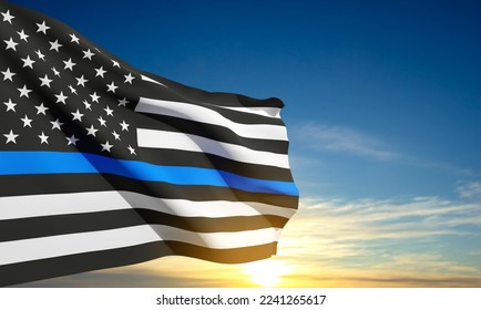 Thin Blue Line. American flag with police blue line on a background of sunset. Support of police and law enforcement. EPS10 vector