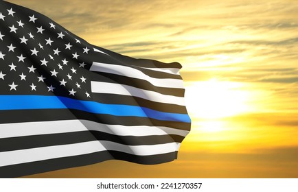 Thin Blue Line. American flag with police blue line on a background of sunset. Support of police and law enforcement. EPS10 vector