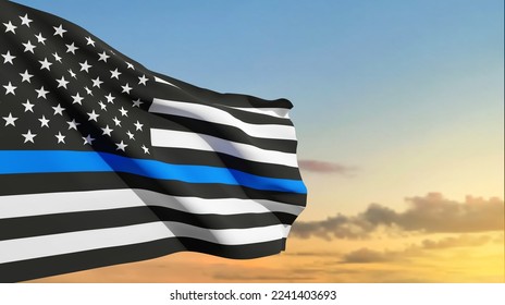 Thin Blue Line. American flag with police blue line on a background of sunset. Support of police and law enforcement. EPS10 vector