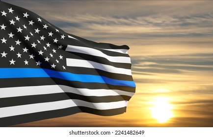 Thin Blue Line. American flag with police blue line on a background of sunset. Support of police and law enforcement. EPS10 vector