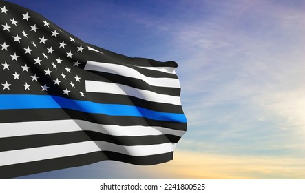 Thin Blue Line. American flag with police blue line on a background of sunset. Support of police and law enforcement. National Law Enforcement Appreciation Day. EPS10 vector