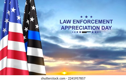 Thin Blue Line. American flag with police blue line on a background of sunset. Support of police and law enforcement. National Law Enforcement Appreciation Day. EPS10 vector