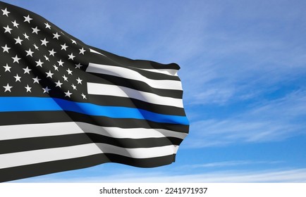 Thin Blue Line. American flag with police blue line on a background of sunset. Support of police and law enforcement. National Law Enforcement Appreciation Day. EPS10 vector