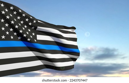 Thin Blue Line. American flag with police blue line on a background of sunset. Support of police and law enforcement. National Law Enforcement Appreciation Day. EPS10 vector