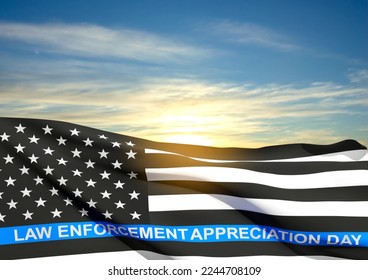 Thin Blue Line. American flag with police blue line on a background of sunset. Support of police and law enforcement. National Law Enforcement Appreciation Day. EPS10 vector