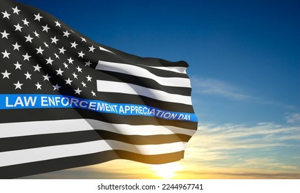 Thin Blue Line. American flag with police blue line on a background of sunset. Support of police and law enforcement. National Law Enforcement Appreciation Day. EPS10 vector