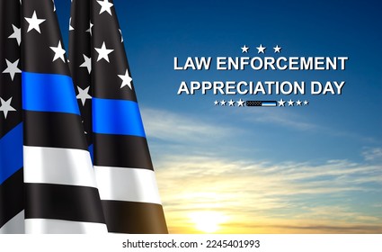 Thin Blue Line. American flag with police blue line on a background of sunset. Support of police and law enforcement. National Law Enforcement Appreciation Day. EPS10 vector