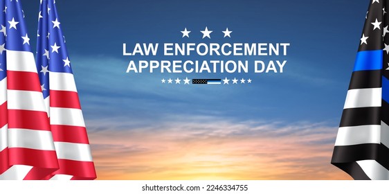 Thin Blue Line. American flag with police blue line on a background of sunset. Support of police and law enforcement. National Law Enforcement Appreciation Day. EPS10 vector