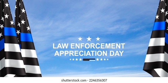 Thin Blue Line. American flag with police blue line on a background of sky. Support of police and law enforcement. National Law Enforcement Appreciation Day. EPS10 vector