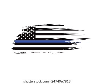 Thin blue line american flag, grunge vector graphic design