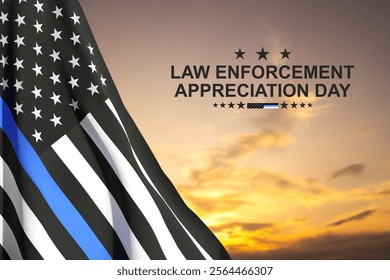 Thin Blue Line. American flag with police blue line on a background of sunset. Support of police and law enforcement. National Law Enforcement Appreciation Day. EPS10 vector