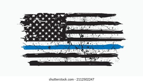 Thin blue line. Flag with grunge effect. Police Blue Line - Distressed American flag.