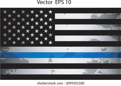 Thin blue line. Flag with Police Blue Line - Distressed US Flag on transparent background. American Flag brush stroke. American US Flag