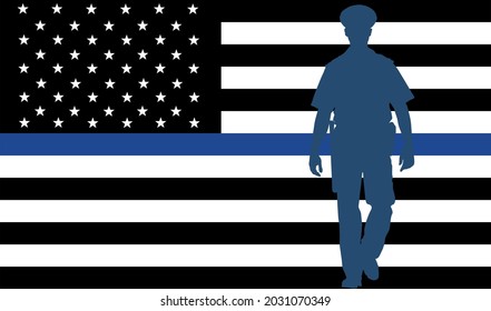 Thin Blue Line Flag USA Law Enforcement Symbol. American Police Flag Vector. Symbol Of Remembering Fallen Police Officers On Duty. Law And Order. Devotion And Dedication On Workplace. Ladle Out Honors