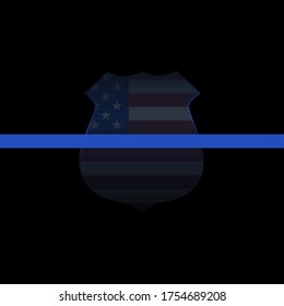 A thin blue line on the background of the police badge with the USA flag silhouette. Police symbol. Sign to honor and respect american police, army and military officers. Vector, EPS10