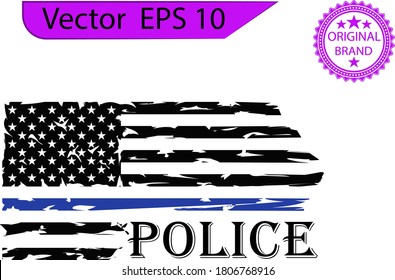 Thin blue line US flag. Flag with Police Blue Line - Distressed american flag