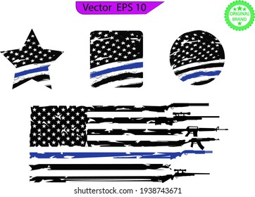 Thin blue line US flag. Flag with Police Blue Line - Distressed and splash American flag.  Flag with Police Blue Line, sheriff star. Transparent background