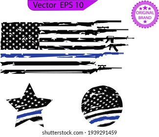 Thin blue line US flag. Flag with Police Blue Line - Distressed and splash American flag. Flag with Police Blue Line, sheriff star. Transparent background