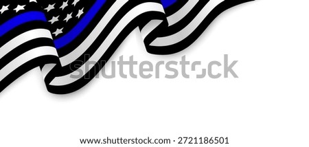 Thin Blue Line US flag in black and white with blue stripe, waving over white background. Thin Blue Line American flag symbol of law enforcement support, police officer memorial.