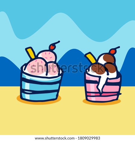 thin blue outline ice cream cup vector illustration on blue wave background. hand drawn vector. modern scribble for kids, sticker, clipart, wallpaper, poster, banner, advertisement. doodle ice cream. 