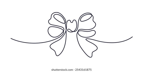 Thin bow. Continuous one line drawing. Editable stroke. Vector gift ribbon, wrap pack on white background. Girly design