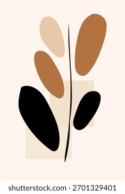 Thin branch with black and brown oval leaves on soft beige background in abstract composition