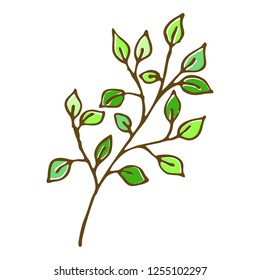 Thin branch with green leaves in Doodle style, isolated on white background
