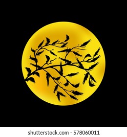 Thin branches with leaves on the pure gold full moon