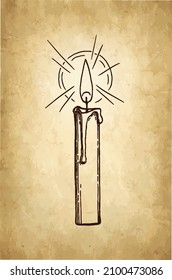 Thin burning candle. Ink sketch on old paper background. Hand drawn vector illustration. Retro style.