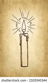Thin burning candle. Ink sketch on old paper background. Hand drawn vector illustration. Retro style.