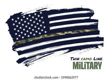 Thin Camo Line, Distressed American Flag Vector Template. Symbol Of  Military Personnel. Illustration For Poster, Card, Banner. 