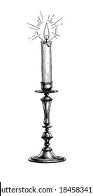 Thin candle burning in a candlestick. Ink sketch isolated on white background. Hand drawn vector illustration. Retro style.