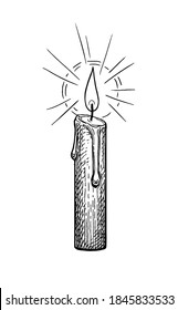 Thin candle burning. Ink sketch isolated on white background. Hand drawn vector illustration. Retro style.