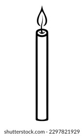 Thin candle. Sketch. Flaming fire. Decoration for a birthday cake. Vector illustration. Coloring book for children. Doodle style. Outline on isolated background. Idea for web design, invitations