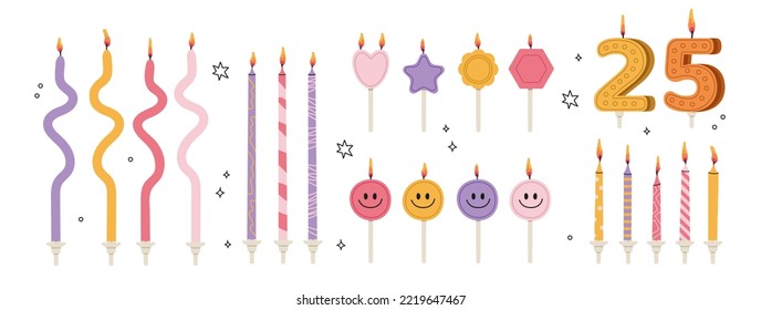 Thin Candles for the cake. Colorful holiday candles for cake decoration. Bright set of candles the holiday. Vector hand draw illustration.Holiday banner, poster, greeting card, invitation background 
