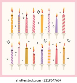 Thin Candles for the cake. Colorful holiday candles for cake decoration. Bright accessories for the holiday. Vector hand draw illustration.Holiday banner, poster, greeting card, invitation background 