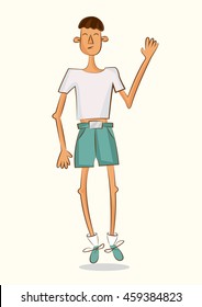 Thin cartoon character. Boy with short weight. Isolated vector illustration on white background