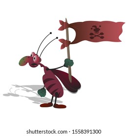 A thin cartoon striped cockroach with bulging eyes holds a red developing flag in his hand. Isolated illustration on a white background with a shadow.
