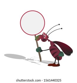 a thin cartoon striped cockroach with bulging eyes holds a round empty sign in his hand. Isolated illustration on a white background with a shadow.