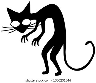 Thin cat cartoon character black silhouette, vector illustration, horizontal, isolated, over white