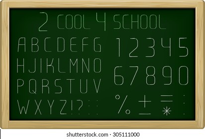 thin chalk capital font on board, abc and numbers
