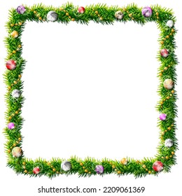 Thin christmas square wreath with decorative beads and baubles. Rectangle frame of pine branches isolated on white background