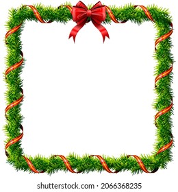 Thin christmas square wreath with red bow and ribbon. Rectangle frame of pine branches isolated on white background