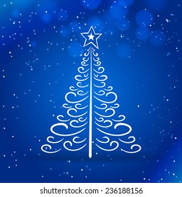 thin Christmas tree with bright blue night background