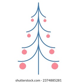 Thin Christmas tree with Christmas decorations. Flat style. Vector illustration.