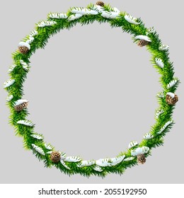 Thin christmas wreath with pinecones and snow. Round frame of pine branches isolated on gray background