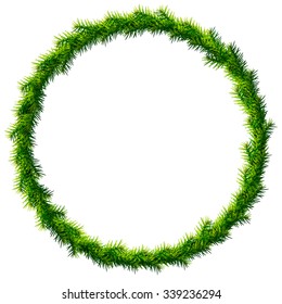 Thin christmas wreath without decoration. Round frame of pine branches isolated on white. Vector image