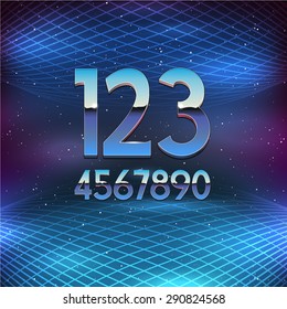 Thin Chrome Alphabet in 80s Retro Futurism style. Vector Numbers