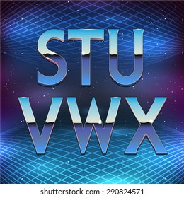 Thin Chrome Alphabet in 80s Retro Futurism style. Vector font from S to X