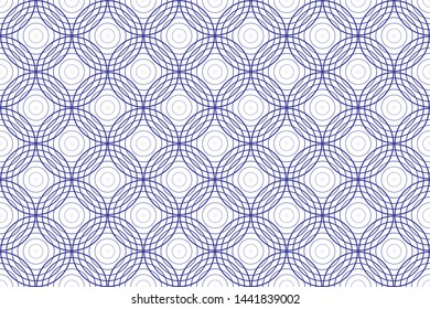 Thin circle intersecting blue lines optical illusion seamless pattern vector design. Rings, round shapes, circles geometric seamless background, optical pattern, illusion of motion.